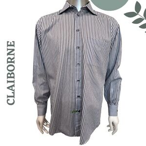 CLAIBORNE Men’s Striped Dress Shirt Classic Blue Brown - Size 16